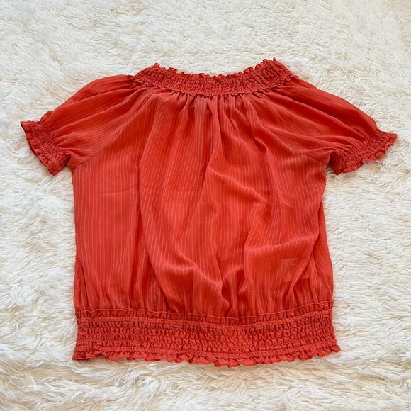 BCbgeneration Womens Top Small Orange Ruffle Neck Sheer Boho Beach Coastal 15183 - Picture 5 of 8